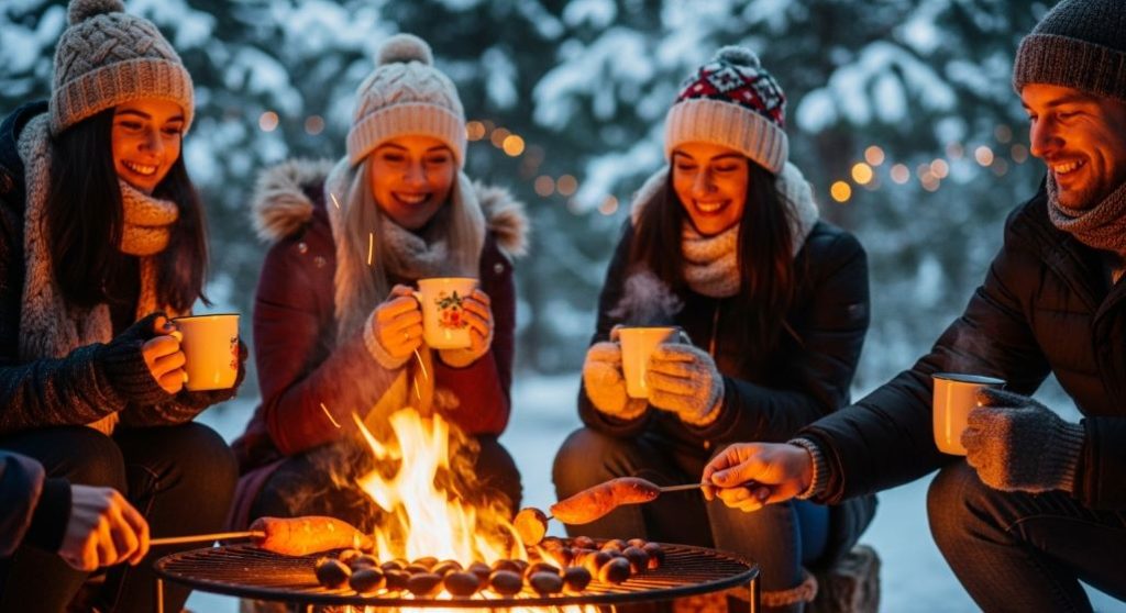 모닥불에 둘러앉아 따뜻한 군고구마와 군밤을 구워 먹는 사람들의 모습. 주변의 눈과 따뜻한 불빛이 대조를 이룬다.
