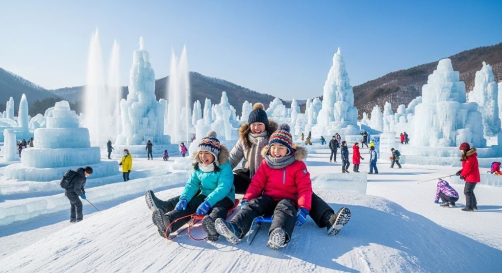2025-2026 청양 알프스마을 얼음분수축제의 화려한 얼음분수와 눈썰매를 즐기는 가족들의 활기찬 모습