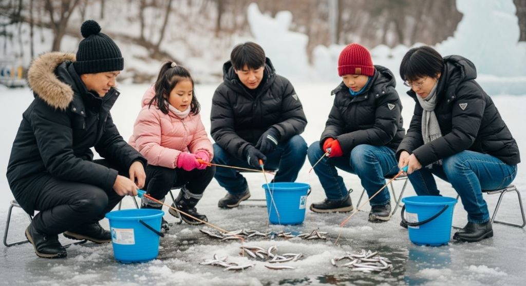 청양 알프스마을 얼음분수축제에서 아이와 어른이 함께 빙어 낚시를 즐기는 모습