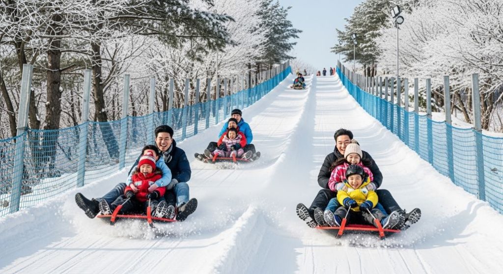 청양 알프스마을 눈썰매장에서 가족들이 함께 눈썰매를 타며 즐거워하는 모습