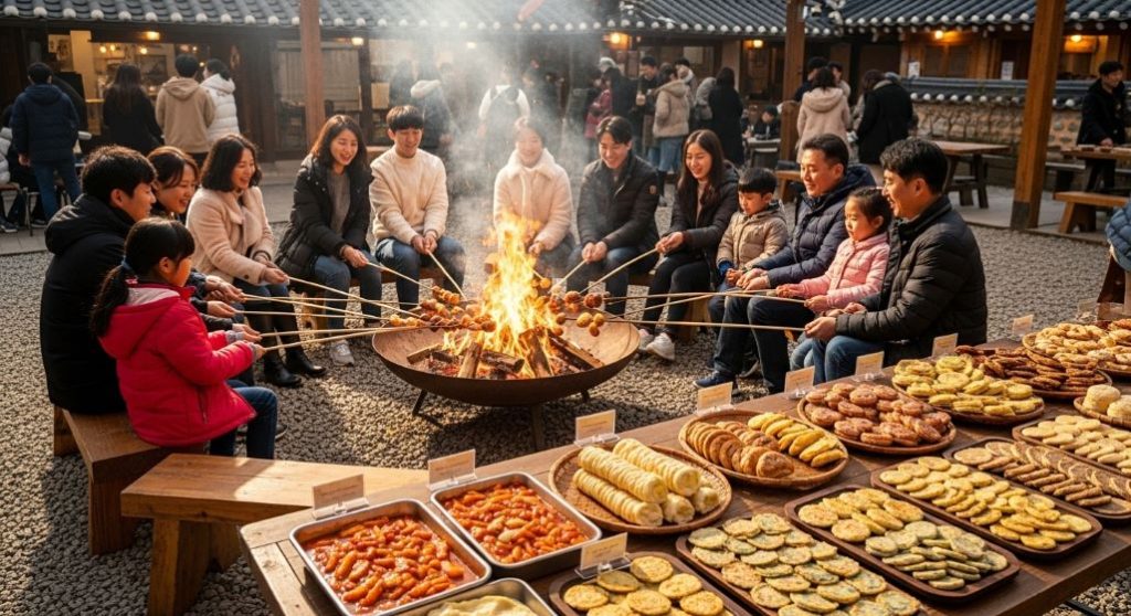 청양 알프스마을 축제에서 가족들이 모여 따뜻한 불에 군밤과 군고구마를 구워 먹는 체험