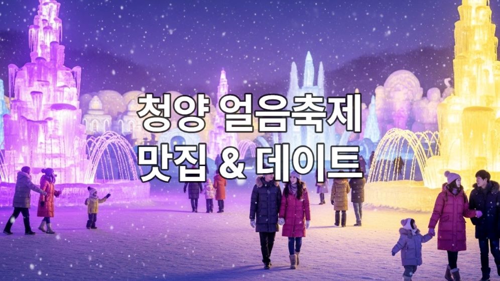 2025년 청양 알프스마을 얼음분수축제의 환상적인 얼음 조각과 보라색, 노란색 조명이 어우러진 겨울 풍경.