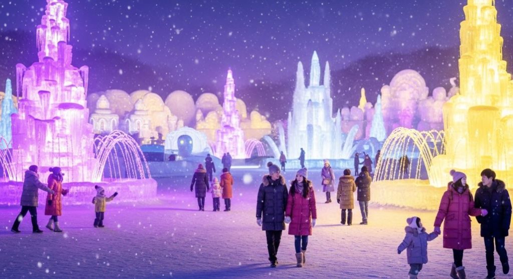 2025년 청양 알프스마을 얼음분수축제의 환상적인 얼음 조각과 보라색, 노란색 조명이 어우러진 겨울 풍경.