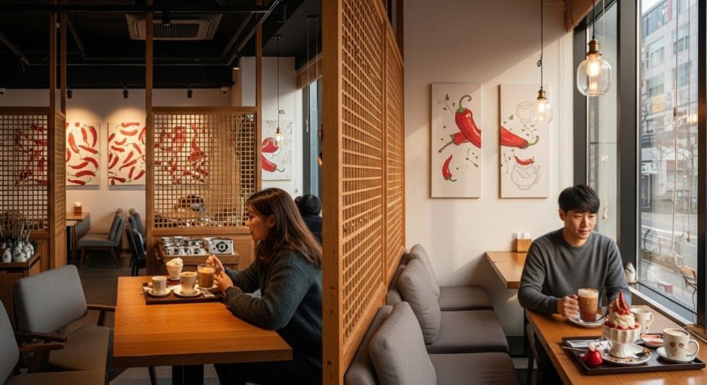 청양 고추를 활용한 이색 디저트와 따뜻한 음료를 즐기는 아늑한 카페 내부.