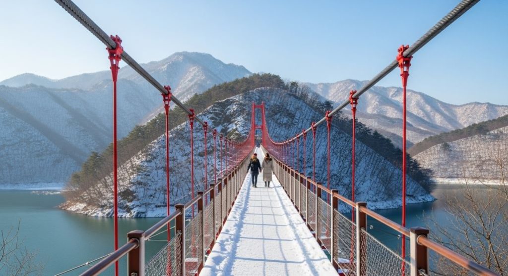 겨울 설경 속 청양 천장호 출렁다리를 걷는 연인의 로맨틱한 모습.
