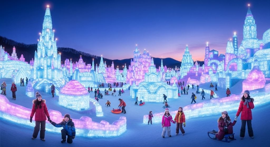 환상적인 분위기의 2025 청양 알프스마을 얼음분수축제 전경. 밤하늘 아래 형형색색 빛나는 거대한 얼음분수와 눈 조각들이 펼쳐져 있으며, 사람들이 눈썰매와 얼음썰매를 즐기고 있다.