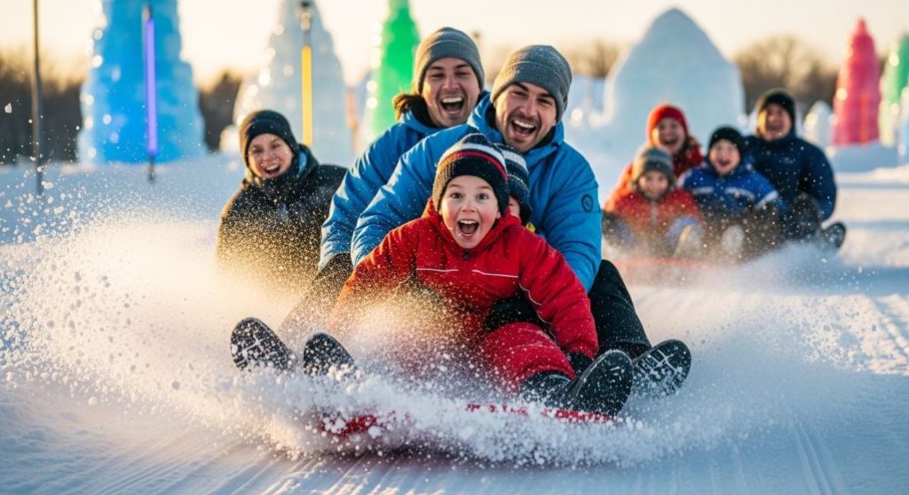 청양 알프스마을 얼음분수축제 눈썰매장에서 아이들과 어른들이 즐겁게 눈썰매를 타는 활기찬 모습.