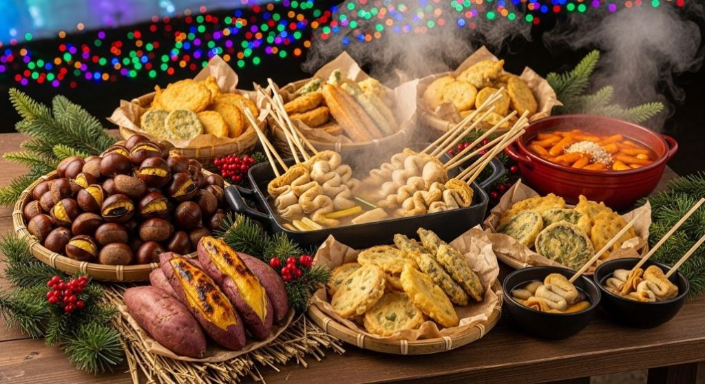 청양 알프스마을 얼음분수축제의 다양한 겨울 먹거리들. 따뜻한 군밤, 군고구마, 어묵 등이 먹음직스럽게 놓여있다.