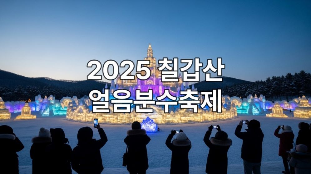 2025년 칠갑산 얼음분수축제의 거대한 얼음분수와 오색 조명이 어우러진 야경, 겨울왕국 같은 환상적인 분위기.
