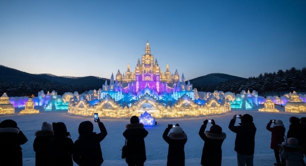 2025년 칠갑산 얼음분수축제의 거대한 얼음분수와 오색 조명이 어우러진 야경, 겨울왕국 같은 환상적인 분위기.