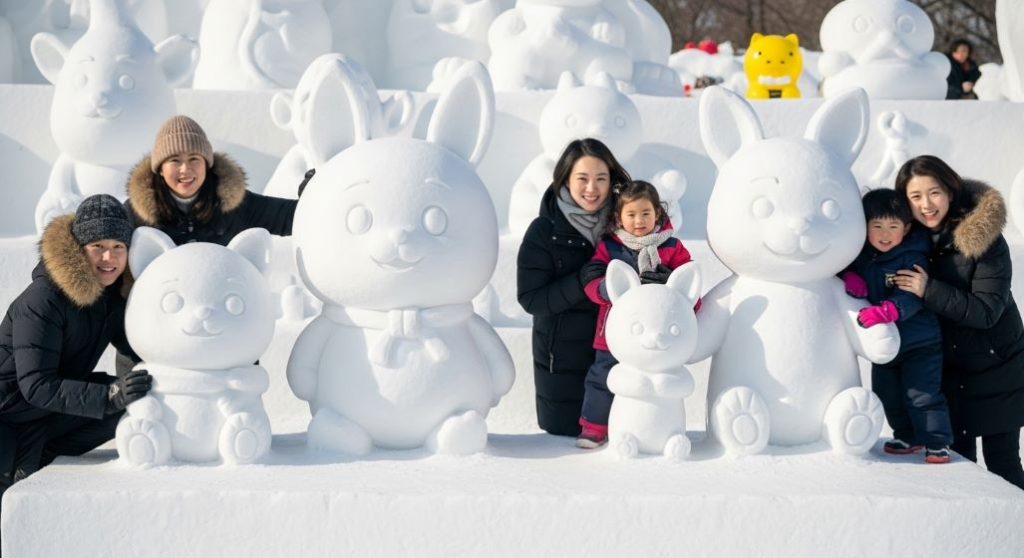 2025 칠갑산 얼음분수축제의 눈 조각 캐릭터 테마존에서 아이들이 귀여운 눈 조각과 함께 즐겁게 사진을 찍는 모습.