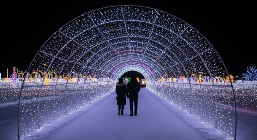 2025 칠갑산 얼음분수축제 야간의 별빛 터널. 수많은 LED 조명이 빛나는 터널을 걷는 연인들의 로맨틱한 뒷모습.
