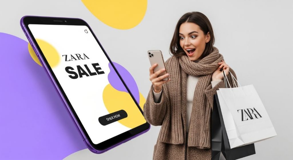 스타일리시한 여성이 스마트폰으로 자라 앱을 보며 2025년 블랙프라이데이 세일 아이템을 고르는 모습, 쇼핑백과 보라색-노란색 조화가 강조된 세일 분위기