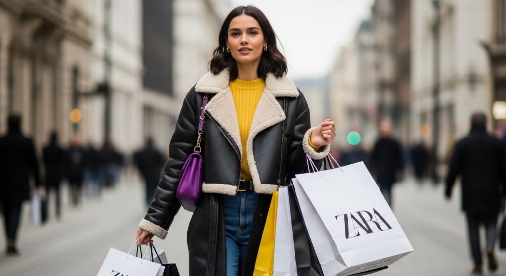 자라 울 블렌드 코트와 시어링 재킷을 입고 쇼핑백을 든 스타일리시한 여성, 겨울 세일 쇼핑을 성공적으로 마친 모습