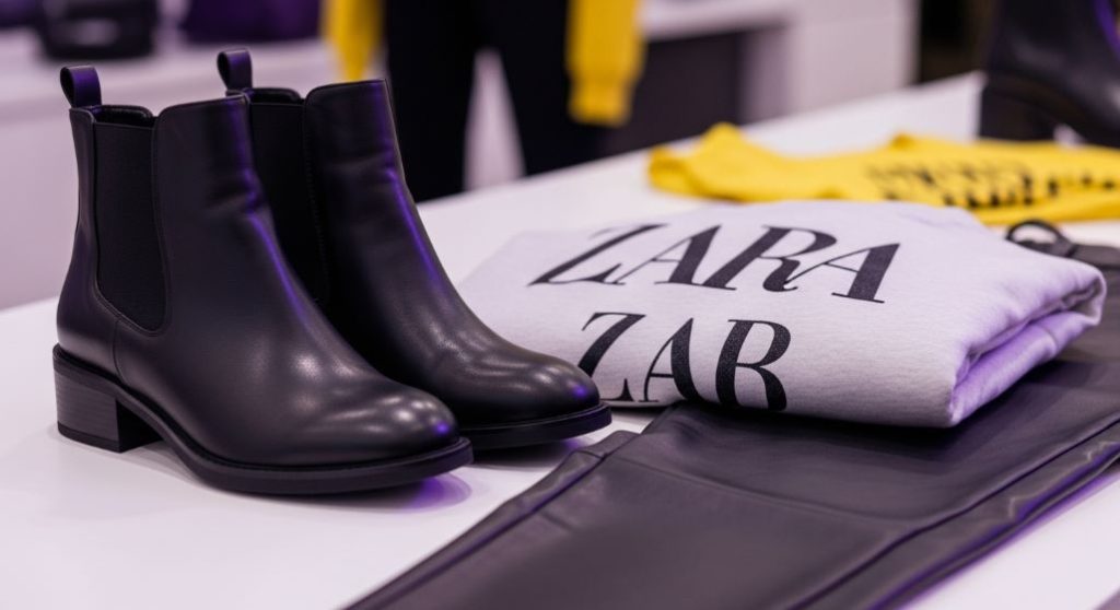 자라 앵클 부츠, 그래픽 스웨트셔츠, 레더 이펙트 팬츠가 스타일링을 위해 준비된 모습, 겨울 코디에 활용하기 좋은 아이템들