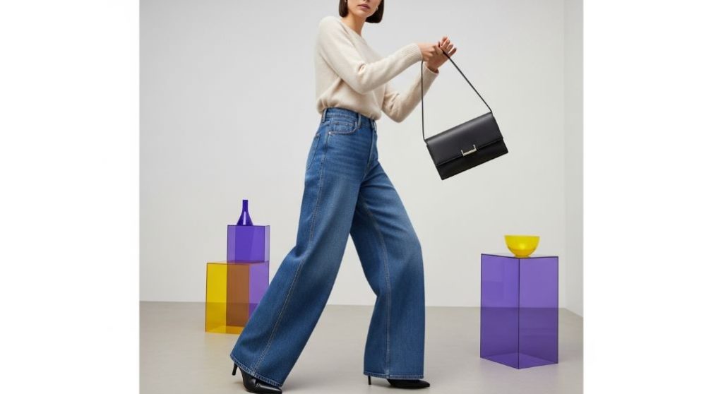 자라 와이드 레그 진과 캐시미어 블렌드 니트를 입고 미니멀 디자인 백을 든 모델, 세련된 겨울 데일리룩 연출