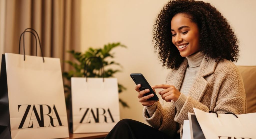 자라 앱으로 2025년 12월 세일 상품을 스마트하게 쇼핑하며 만족스러워하는 여성의 모습.