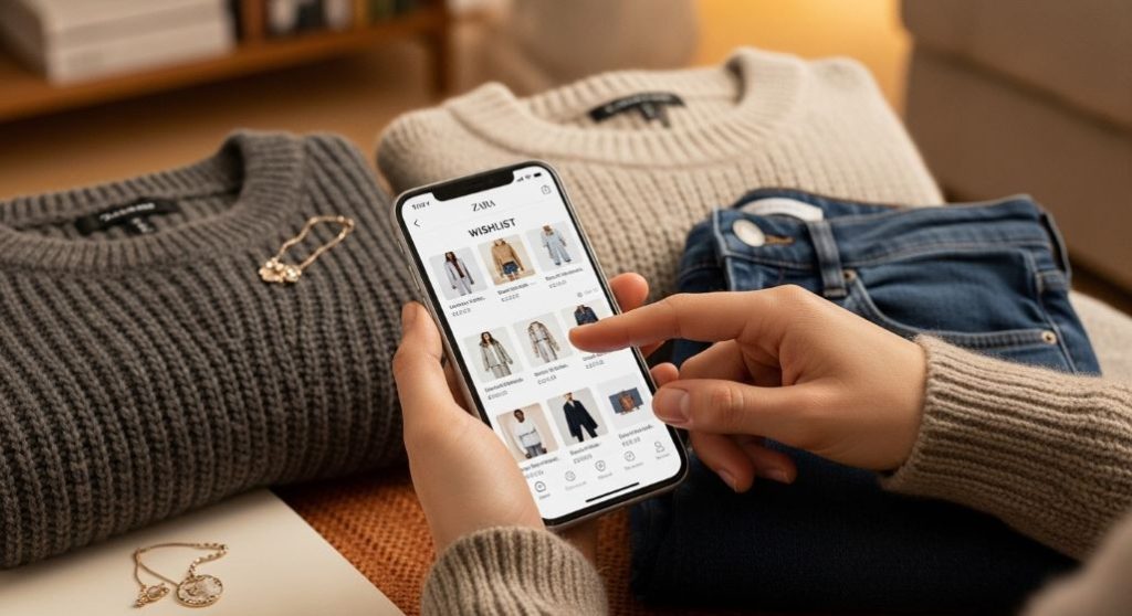 자라 앱 위시리스트를 신중하게 확인하며 세일 아이템을 고르는 모습.