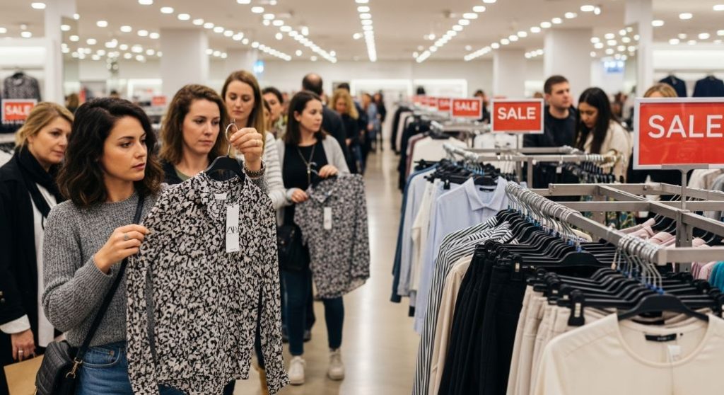 자라 세일 기간 중 매장에서 옷의 품질과 택을 꼼꼼히 확인하는 쇼핑객