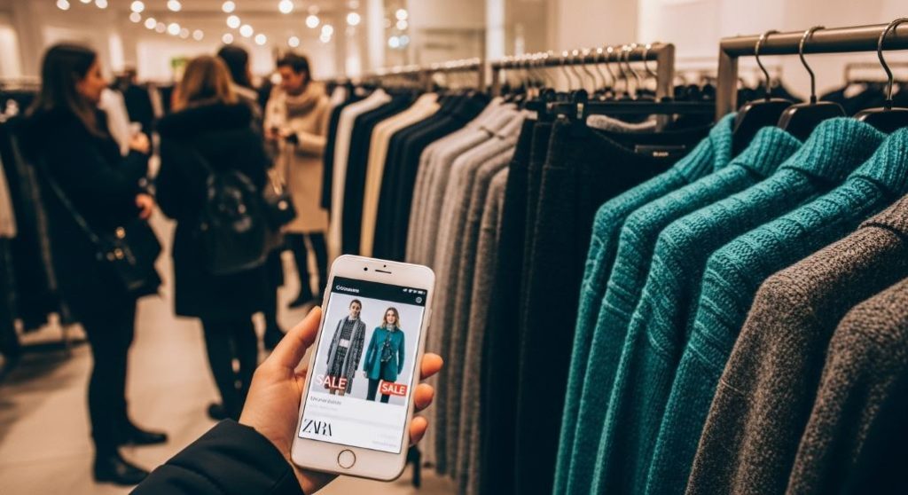 2025년 자라 겨울 세일 기간, 온라인 쇼핑과 오프라인 매장 쇼핑의 장단점을 비교하는 모습. 세련된 겨울 의류들 사이로 스마트폰과 쇼핑백이 대비되어 있다.