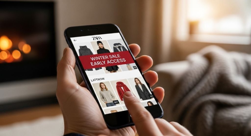 스마트폰으로 자라 앱의 겨울 세일 알림을 확인하는 모습. 온라인 쇼핑의 편리함을 상징한다.