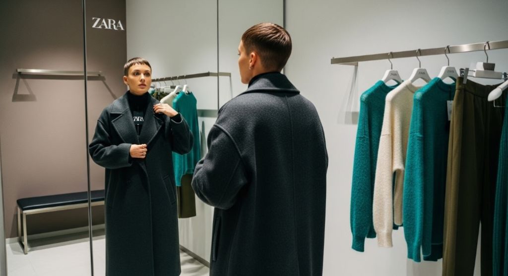 자라 매장 피팅룸에서 세련된 겨울 코트를 입어보며 핏을 확인하는 모습. 오프라인 쇼핑의 장점을 보여준다.