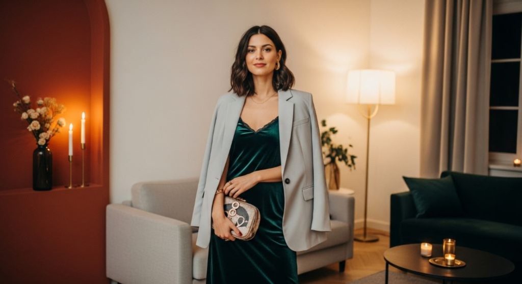 자라 12월 세일에서 찾은 벨벳 슬립 드레스와 오버사이즈 블레이저를 매치한 세련된 연말 파티룩.