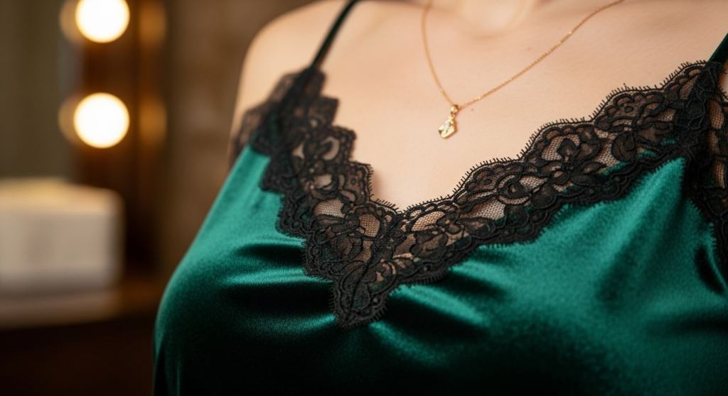 자라 세일에서 찾은 깊은 녹색 벨벳 슬립 드레스의 섬세한 레이스 디테일.