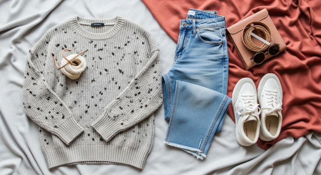 자라 세일 데일리 캐주얼룩: 패턴 니트, 컷팅 데님, 세련된 스니커즈 플랫 레이.