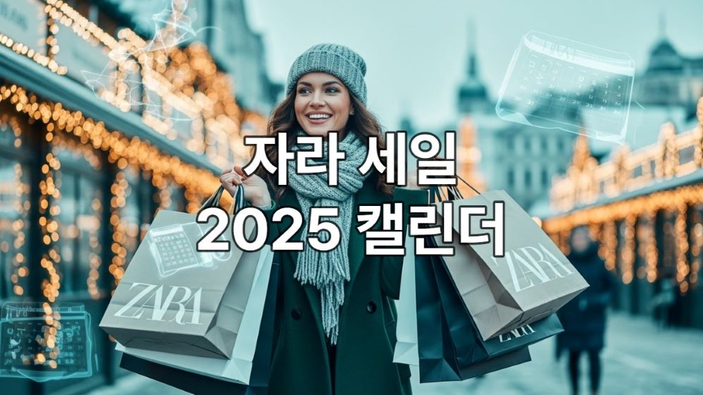 블랙프라이데이 세일 쇼핑백을 들고 기분 좋게 걷는 여성과 2025년 자라 세일 캘린더 이미지
