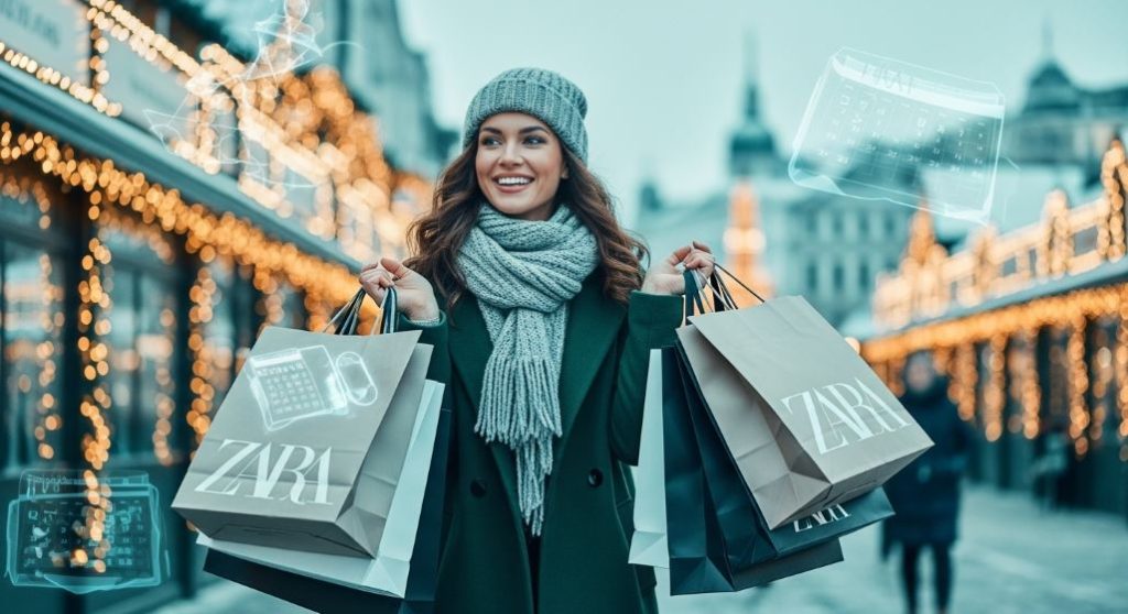 블랙프라이데이 세일 쇼핑백을 들고 기분 좋게 걷는 여성과 2025년 자라 세일 캘린더 이미지