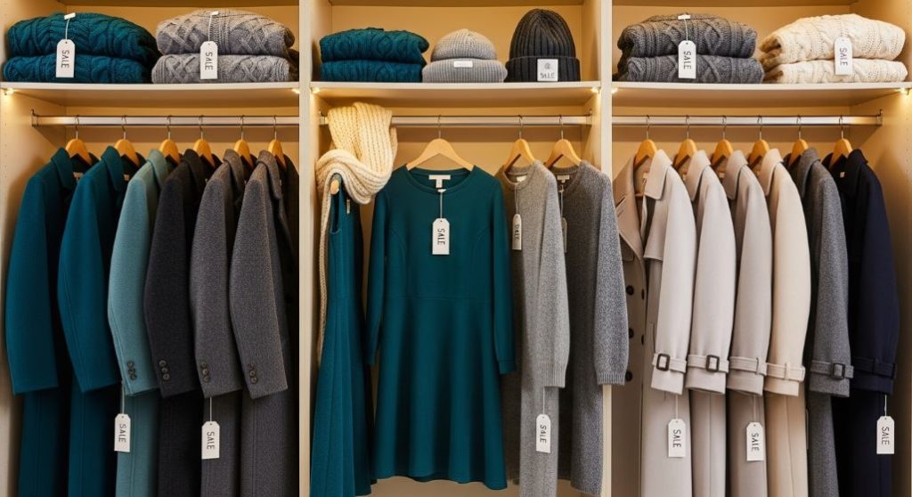 잘 정리된 옷장에 걸려있는 자라 겨울 코트와 니트 세일 의류