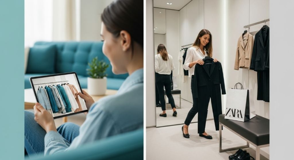 온라인 자라 앱으로 쇼핑하는 모습과 오프라인 매장에서 옷을 입어보는 모습
