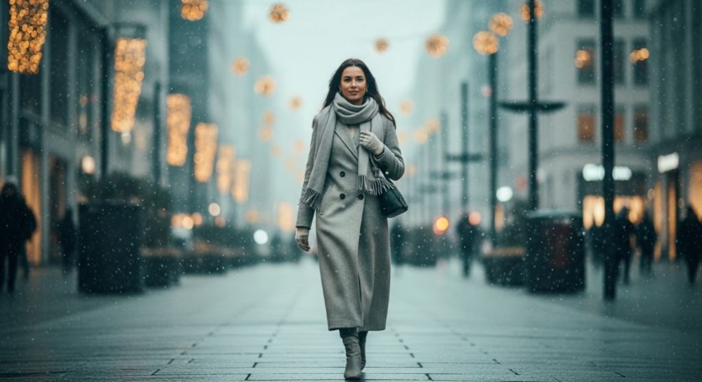 따뜻한 베이지색 롱코트를 입고 겨울 도시를 걷는 여성, 지그재그 블랙위크 쇼핑을 연상시키는 고급스러운 겨울 패션.