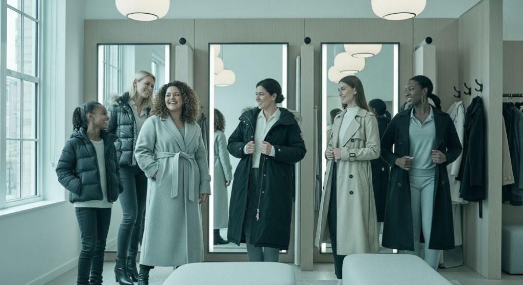 다양한 체형의 여성들이 각자에게 어울리는 겨울 코트를 피팅룸에서 행복하게 입어보는 모습.