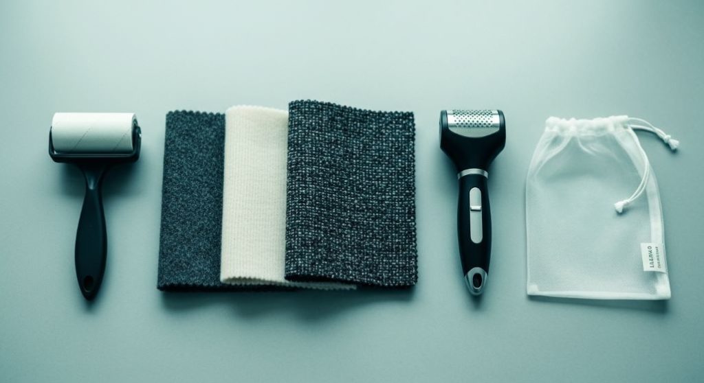 고급스러운 울, 캐시미어 코트 원단 샘플과 함께 보풀 제거기 등 코트 관리 용품이 놓여있는 플랫 레이 이미지.