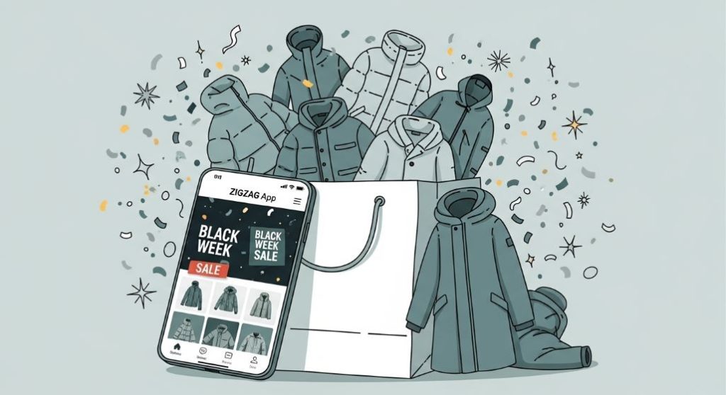 지그재그 앱 화면과 코트가 담긴 쇼핑백이 함께 그려진, 즐거운 블랙위크 온라인 코트 쇼핑을 상징하는 일러스트.