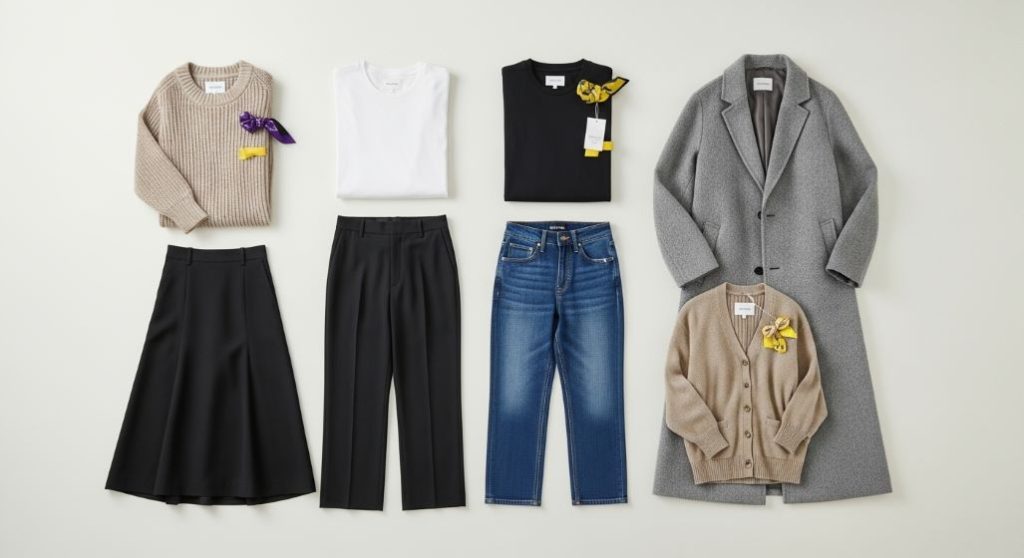 블랙프라이데이 지그재그 쇼핑을 위한 기본 니트, 티셔츠, 슬랙스, 데님, 코트, 스커트, 가디건 등 7가지 필수 베이직 아이템이 정돈된 모습