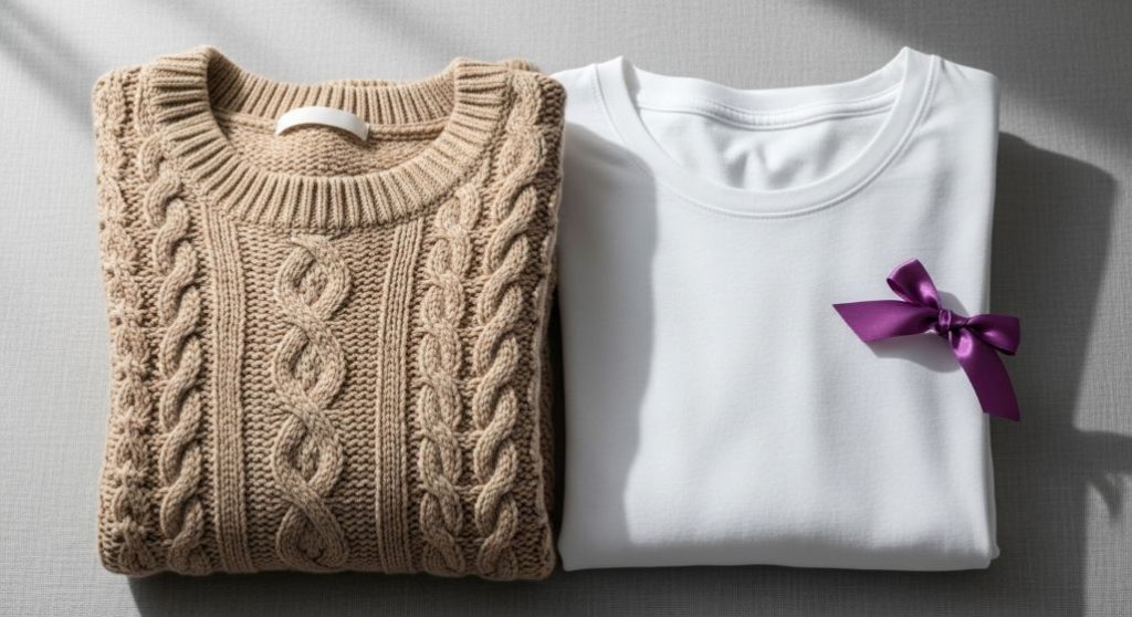 블랙프라이데이 세일 중인 기본 니트 스웨터와 화이트 베이직 티셔츠의 부드러운 소재 질감 근접 촬영 이미지