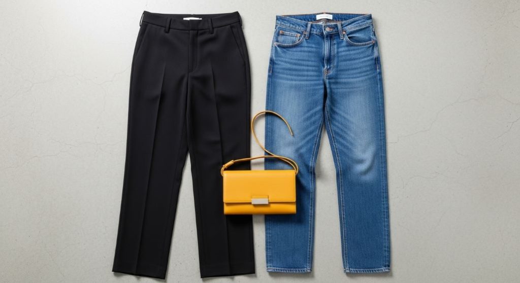 블랙 일자핏 슬랙스와 중청 스트레이트 데님 팬츠의 깔끔한 핏과 소재를 강조한 스타일링 이미지