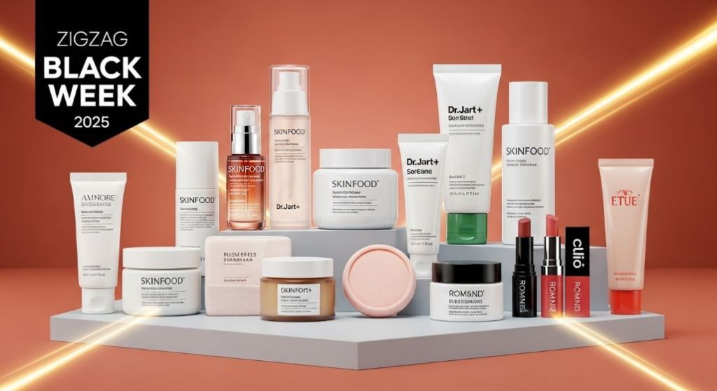 2025년 지그재그 블랙위크 뷰티 특가, 아모레퍼시픽, 스킨푸드 등 인기 스킨케어 및 메이크업 제품들이 할인 진열된 모습.