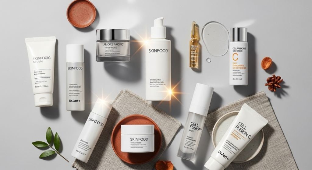 아모레퍼시픽, 스킨푸드, 닥터자르트 등 인기 스킨케어 브랜드의 세럼과 크림 제품들이 진열된 모습, 피부 보습과 진정을 강조.