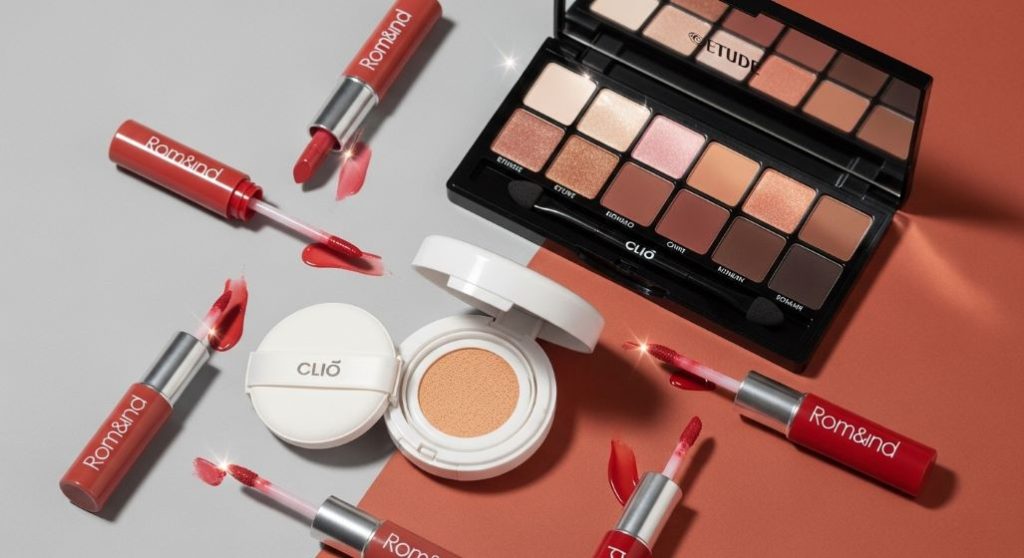 클리오 쿠션, 롬앤 틴트, 에뛰드 아이섀도우 팔레트 등 인기 메이크업 제품들이 화사하고 생기 있게 연출된 모습.