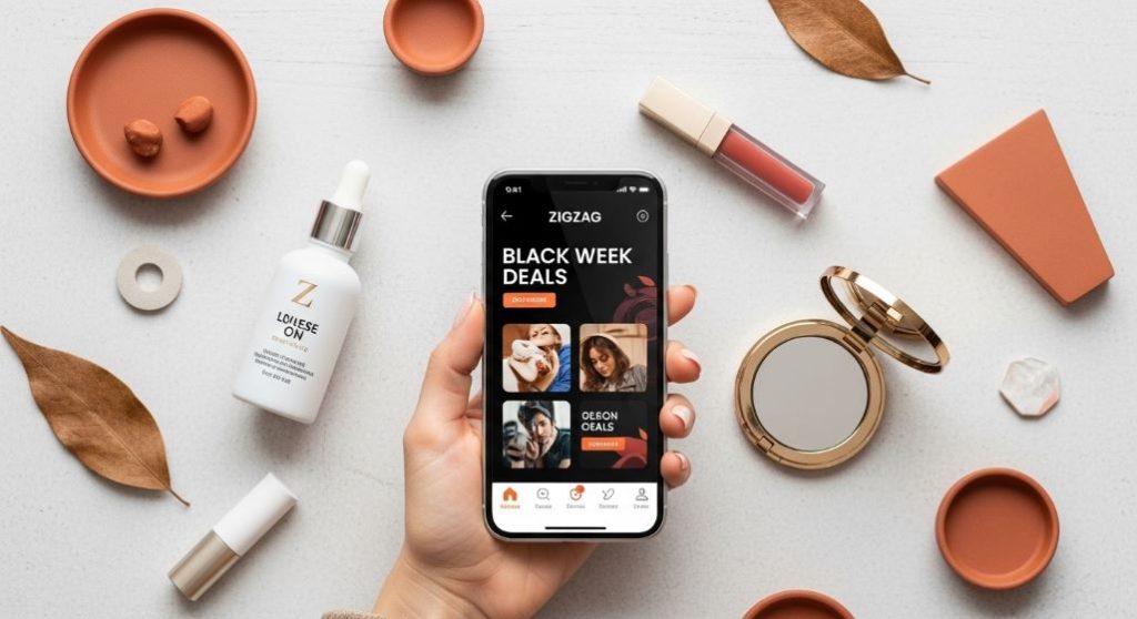 스마트폰으로 지그재그 앱의 블랙위크 뷰티 할인 페이지를 확인하며 현명하게 쇼핑하는 모습, 주변에는 할인 제품들이 놓여있다.