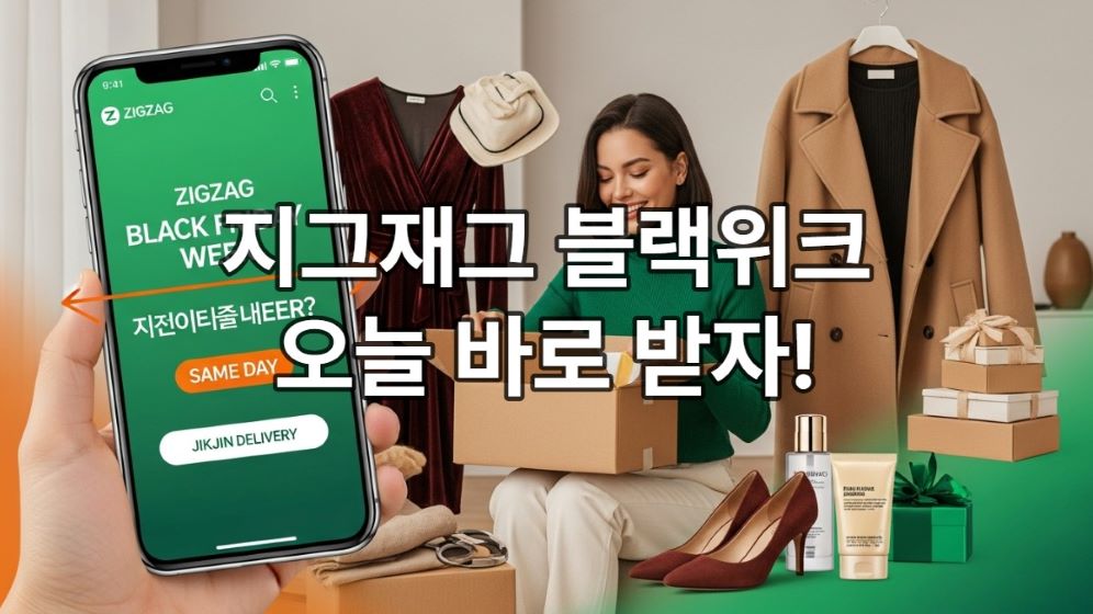 지그재그 블랙위크 당일배송으로 꿀템을 빠르게 언박싱하며 행복해하는 30대 여성.