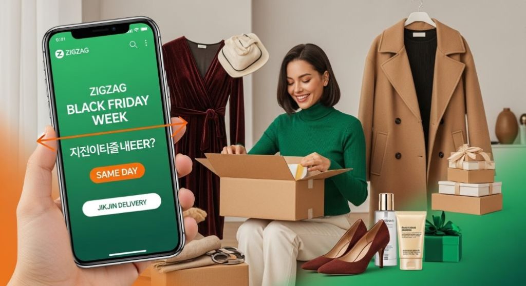 지그재그 블랙위크 당일배송으로 꿀템을 빠르게 언박싱하며 행복해하는 30대 여성.