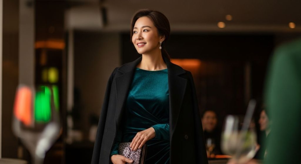 갑자기 생긴 약속에 직진배송으로 받은 벨벳 원피스와 코트로 멋을 낸 30대 여성.