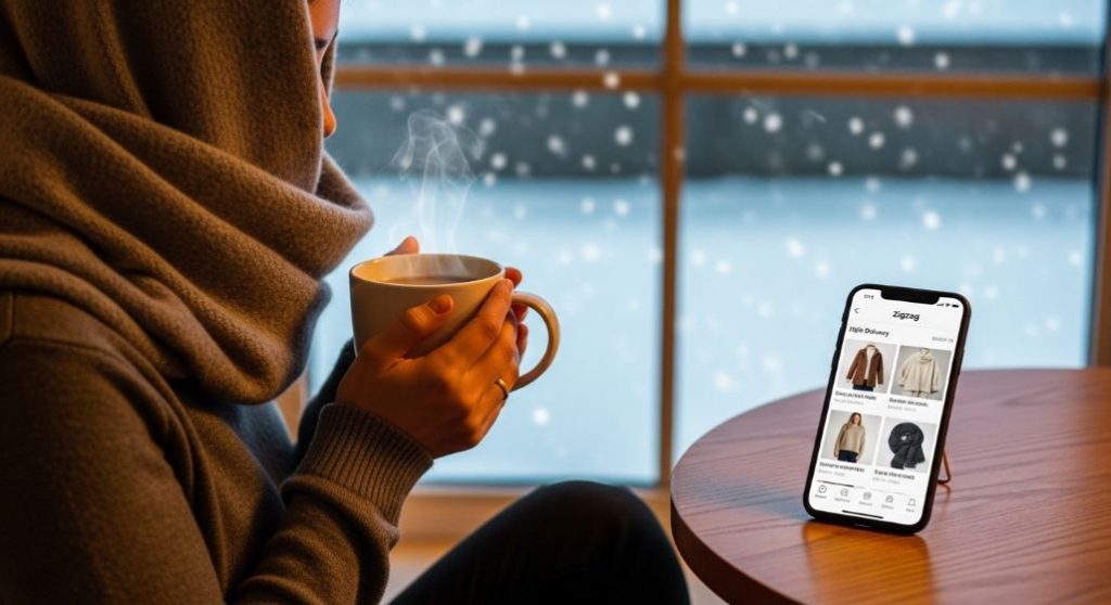 갑작스러운 추위에 직진배송으로 받은 캐시미어 머플러를 하고 따뜻한 음료를 마시는 모습.