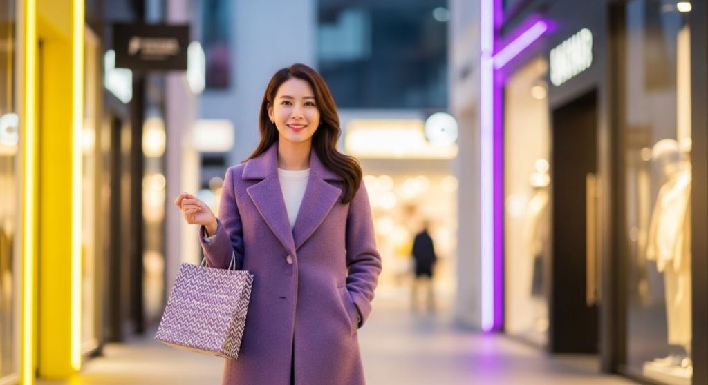 지그재그 블랙위크 쇼핑 후 보라색 코트를 입고 만족스러운 표정으로 거리를 걷는 30대 여성