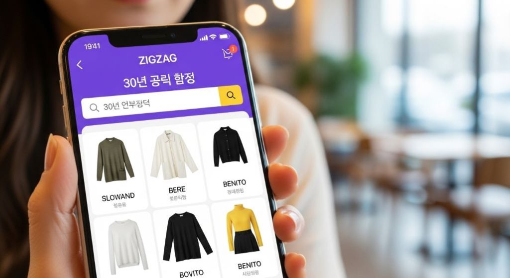 지그재그 앱에서 30대 여성 워크웨어를 검색하는 스마트폰 화면